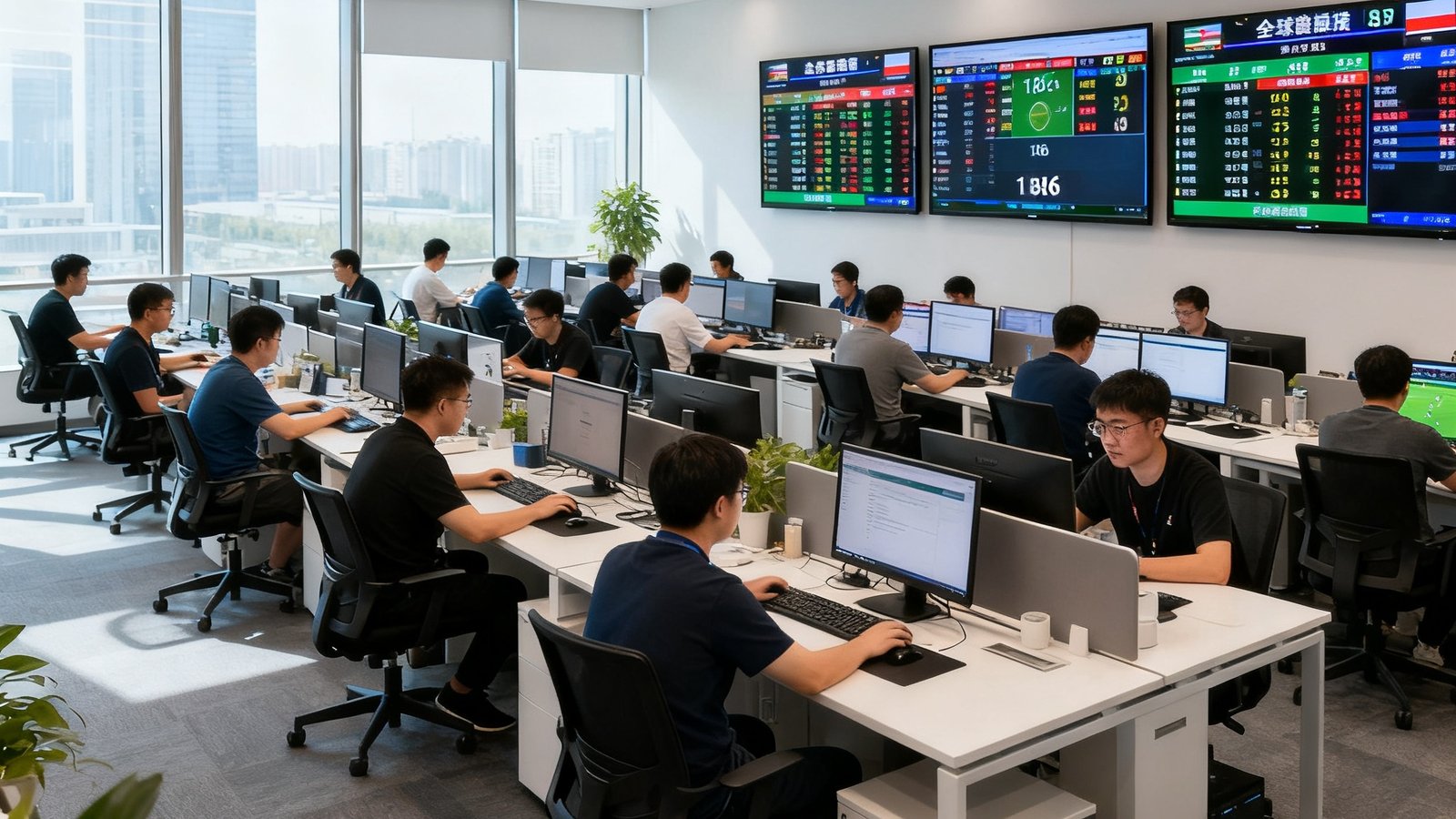看球直播北京朝阳区总部开放式办公区域，墙上悬挂多块实时数据监控大屏显示全球赛事比分，186名员工的现代科技公司工作场景