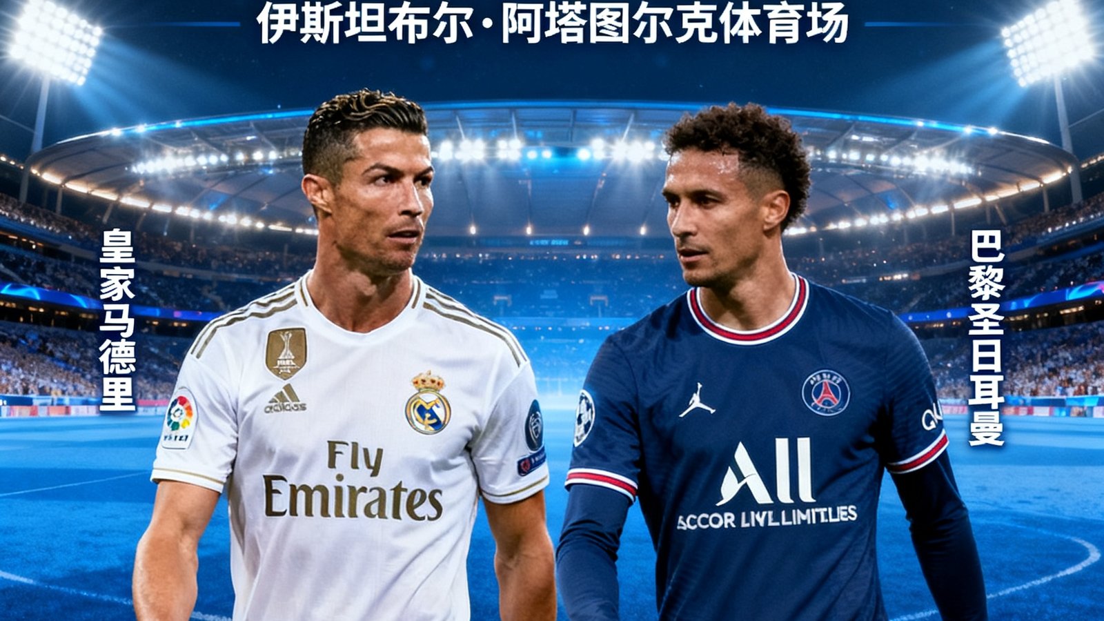 欧冠决赛官方海报展示皇马白色战袍与巴黎蓝色球衣对峙，背景是伊斯坦布尔阿塔图尔克奥林匹克体育场的璀璨夜景