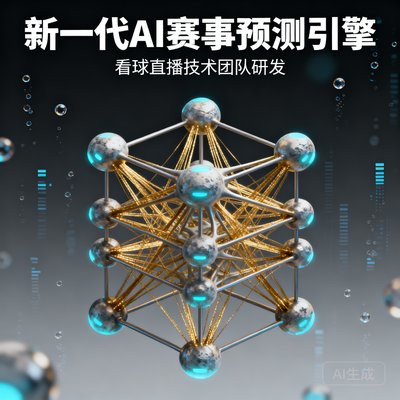 看球直播技术团队发布新一代AI赛事预测引擎的宣传图，展示神经网络模型结构